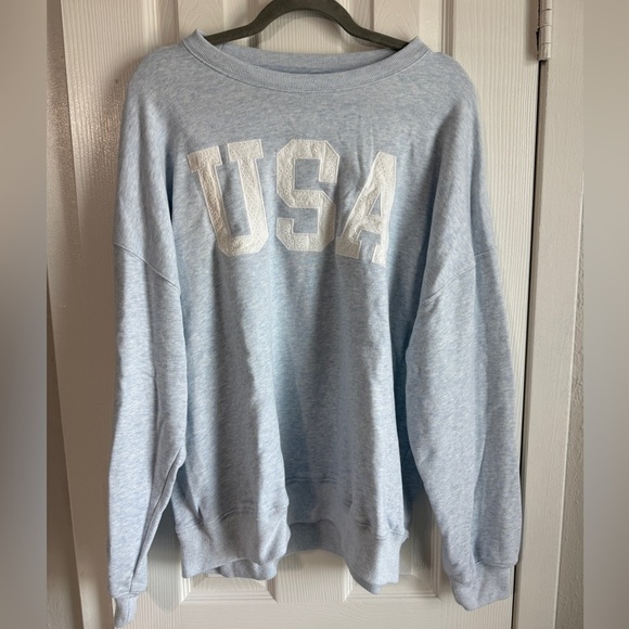 HOLLISTER USA Graphic Crewneck Sweatshirt Oversized Easy Light Blue Long Top L - Picture 2 of 9